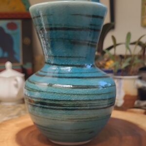 Vintage Ceramic Blue, Black And Green Striped Vase